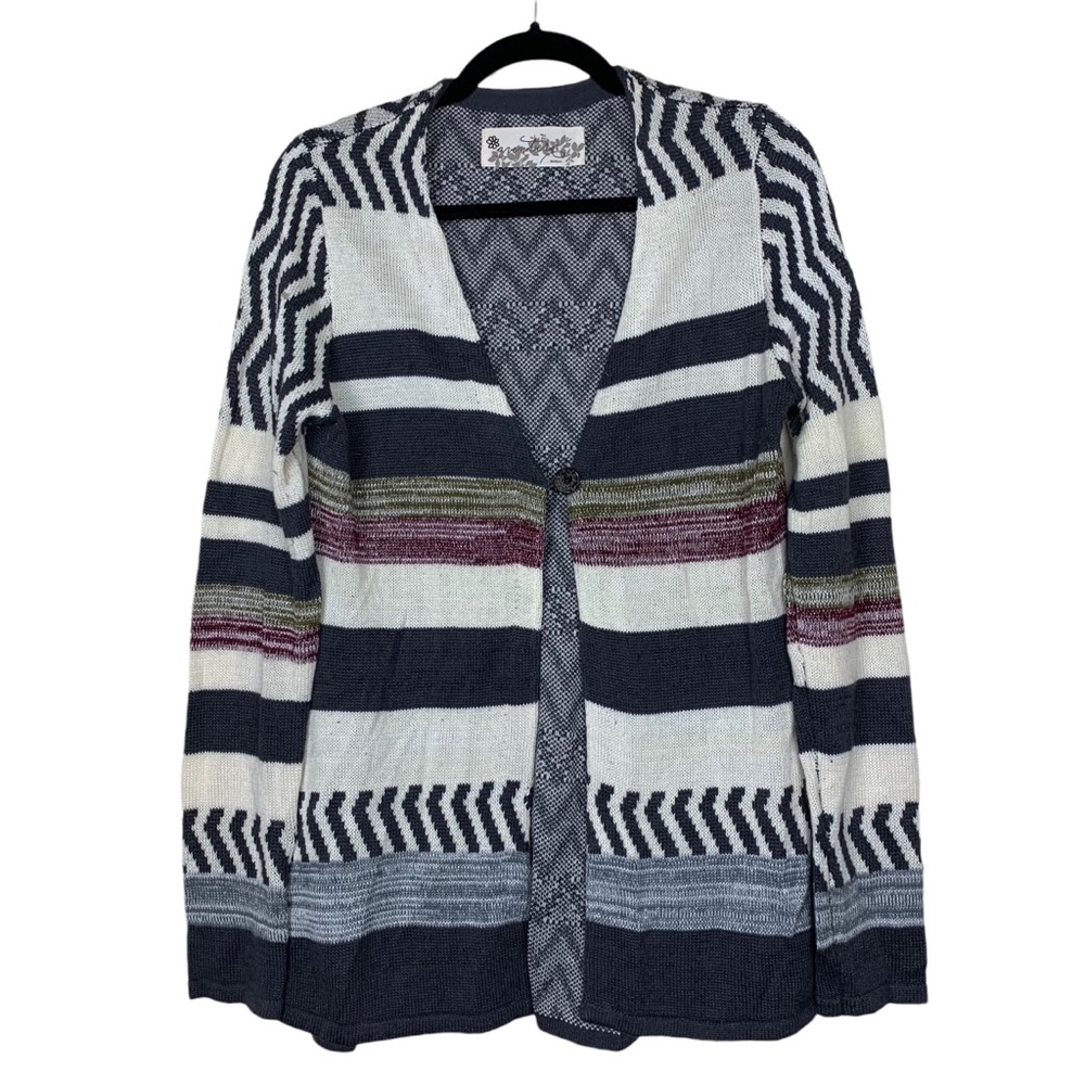 Adventura Wool Blend Striped ZigZag Single Button Cardigan Sweater Medium